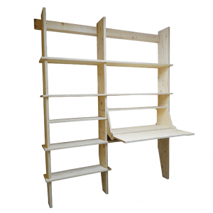 plywood shelving wall mounted with flip workspace